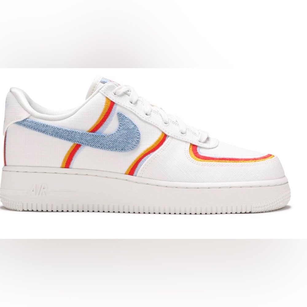 Nike Air Force 1 low top w embroidery and denim swoosh size 7